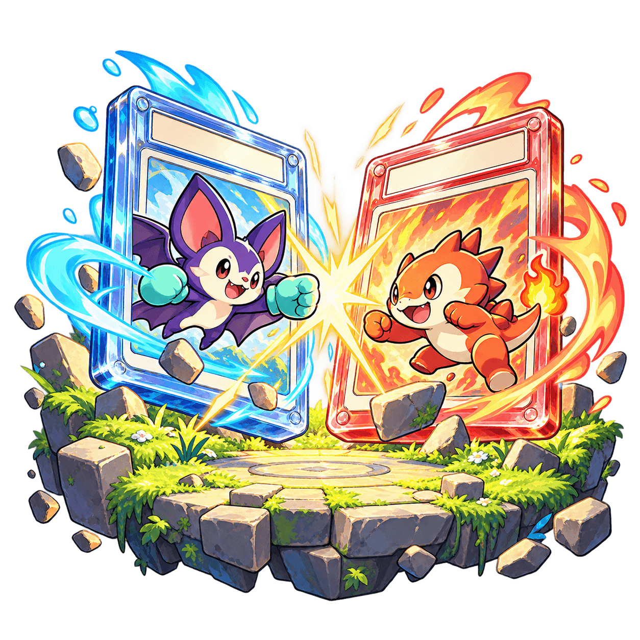 Blue and red card fighters meet on a tiny grassy arena