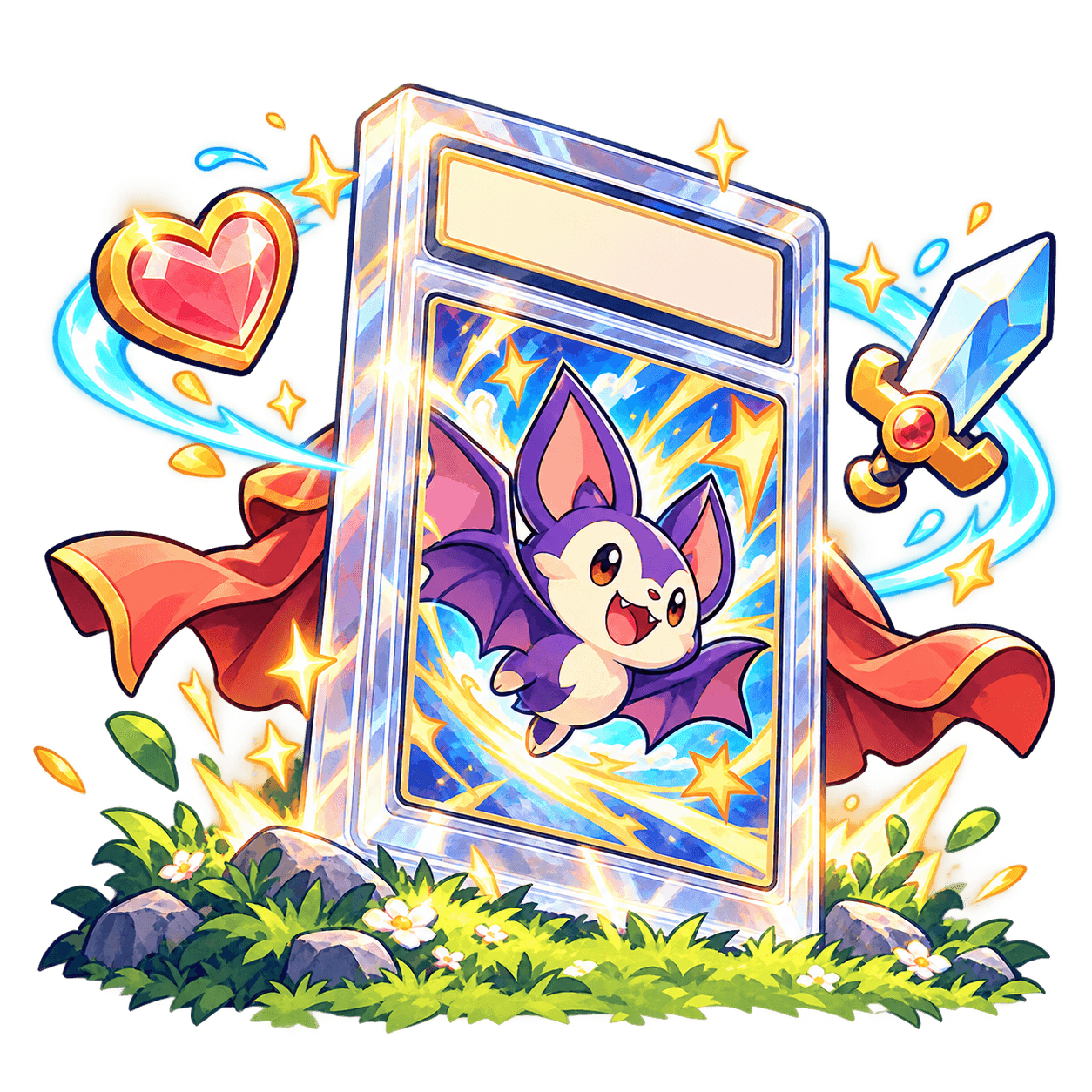 A graded card wakes up with a cape, a heart and a sword